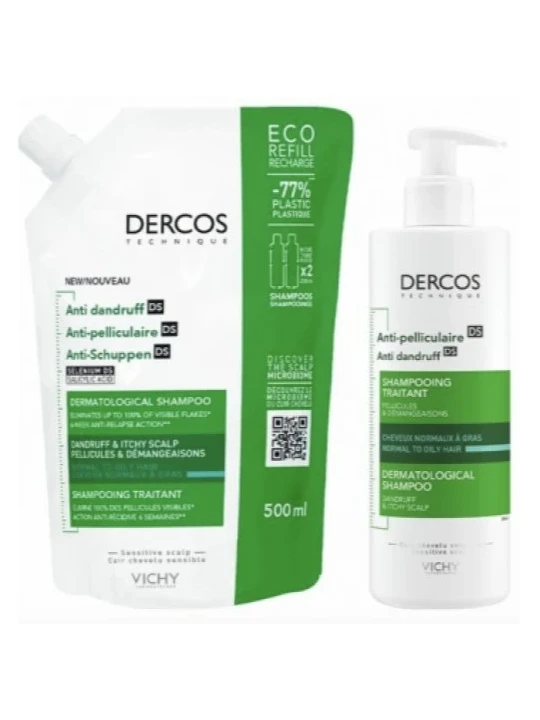 Dercos Anticaspa DS Cabello Normal a Graso Champú 390 ml Pack Recarga 500 ml