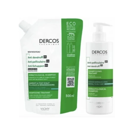 Dercos Anticaspa DS Cabello Normal a Graso Champú 390 ml Pack Recarga 500 ml